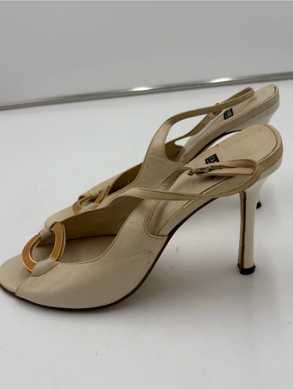 Casadei Off White Cream Leather Heels Pumps Slingback Peep Toe Gold Circle Sz 9